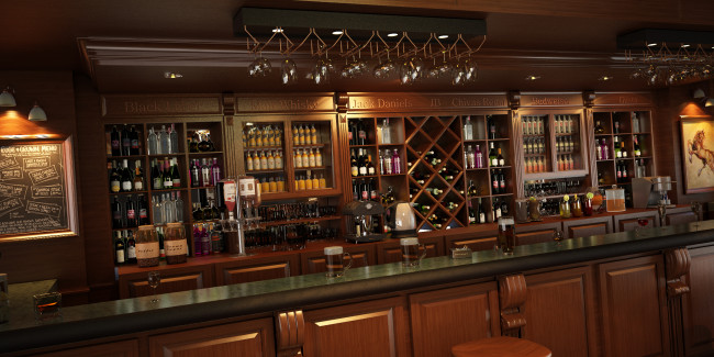 Обои картинки фото интерьер, кафе,  рестораны,  отели, светильник, напитки, пиво, бокалы, полки