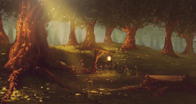 Обои картинки фото рисованное, природа, деревья, лес, фонарь, пейзаж, ночь