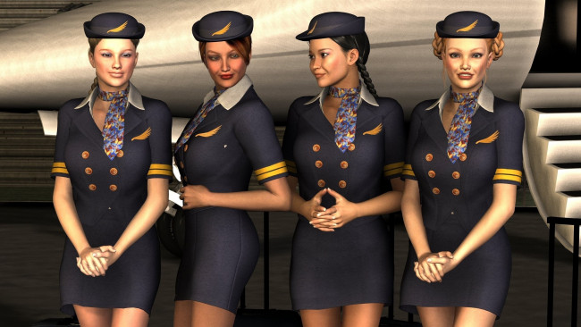 Обои картинки фото 3д графика, люди , people, фон, стюардессы, взгляд, девушки