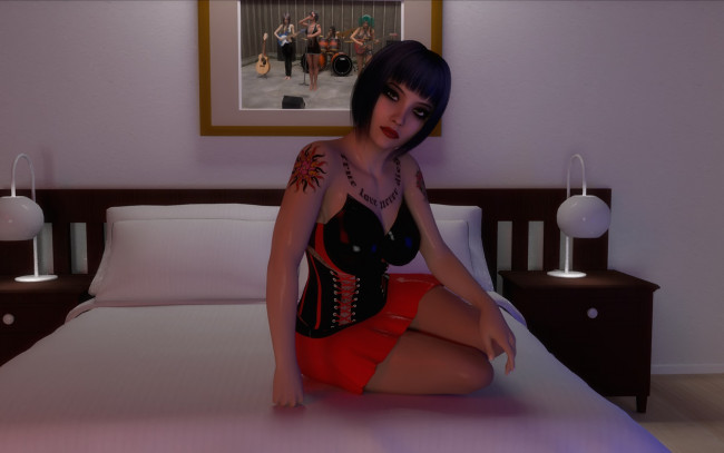 Обои картинки фото 3д графика, люди , people, девушка, картина, светильники, кровать, фон, взгляд