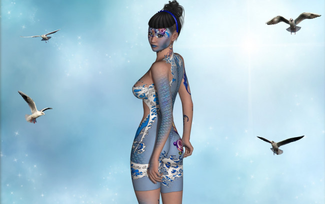 Обои картинки фото 3д графика, люди , people, птицы, фон, тату, взгляд, девушка