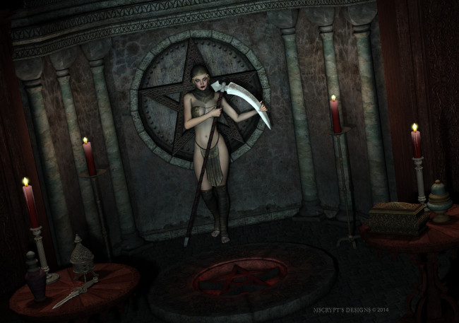 Обои картинки фото 3д графика, фантазия , fantasy, символ, взгляд, фон, девушка, свечи, коса