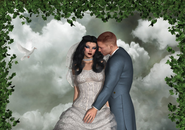 Обои картинки фото 3д графика, люди , people, мужчина, голубь, растение, фон, взгляд, девушка