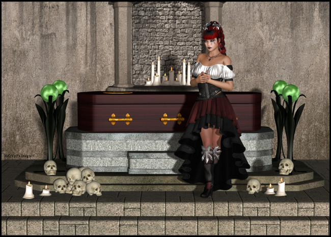 Обои картинки фото 3д графика, фантазия , fantasy, черепа, взгляд, девушка, фон, свечи