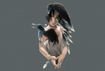 Картинка аниме животные +существа парень вороны