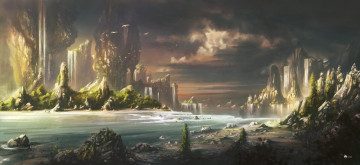 Картинка рисованное природа горы водопад