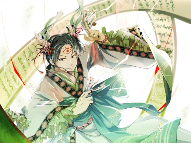 Обои картинки фото аниме, hoozuki no reitetsu, магия, демон, hakutaku, рога, свиток, печати, ёкай, хладнокровный, хозуки, hoozuki, no, reitetsu