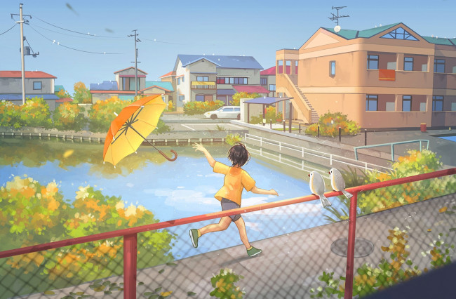 Обои картинки фото аниме, город,  улицы,  здания, фон, взгляд, девушка