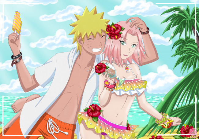 Обои картинки фото аниме, naruto, узумаки, наруто, сакура, пляж, море, мороженое, купальник