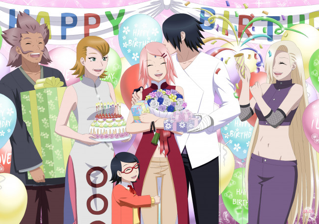 Обои картинки фото аниме, naruto, саске, родители, сакура, люди, праздник