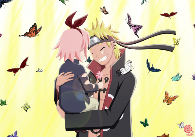 Обои картинки фото аниме, naruto, бабочки, наруто, девочка