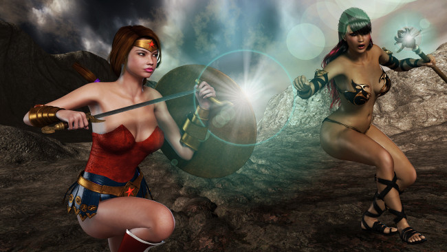 Обои картинки фото 3д графика, фантазия , fantasy, девушки, взгляд, фон