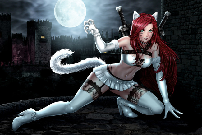 Обои картинки фото видео игры, league of legends, меч, хвост, уши, взгляд, фон, девушка