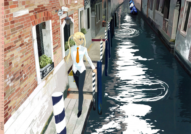 Обои картинки фото календари, аниме, девушка, водоем, галстук