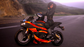 Картинка 3д+графика люди-авто мото+ people-+car+ +moto фон взгляд девушка