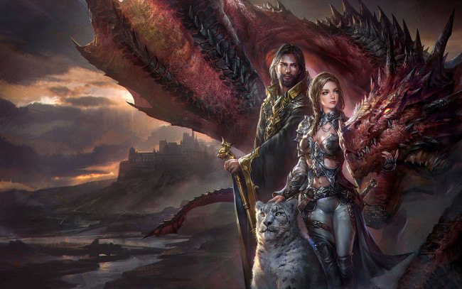 Обои картинки фото фэнтези, иные миры,  иные времена, девушка, мужчина, барс, дракон, униформа, фон, взгляд
