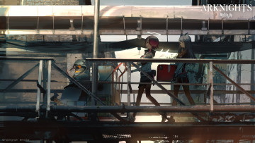 Картинка аниме arknights девочки пингвин тележка мост