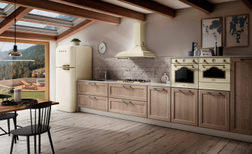 Картинка интерьер кухня холодильник плита шкафы