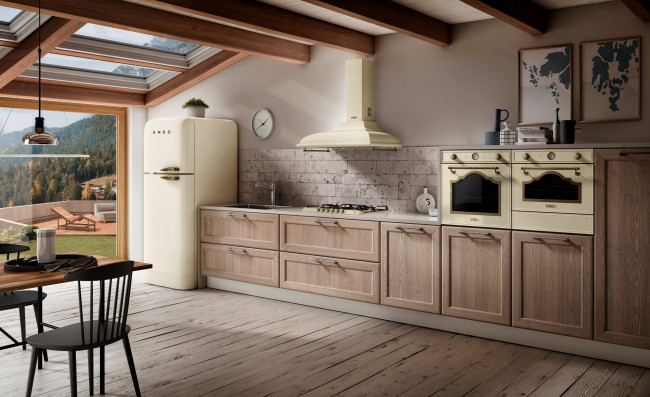 Обои картинки фото интерьер, кухня, холодильник, плита, шкафы