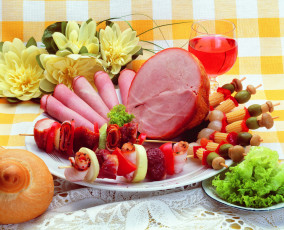 Картинка еда разное ветчина вино шашлык овощи