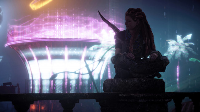 Обои картинки фото видео игры, horizon zero dawn, девушка, оружие, неон