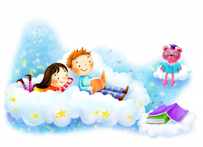 Обои картинки фото рисованное, дети, книги, облака, мишка