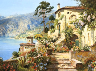 обоя рисованное, alois arnegger, дома, лестница, сад, горы, море
