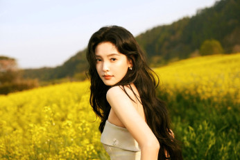 Картинка девушки zhang+ruo+nan шатенка платье роща поле цветы