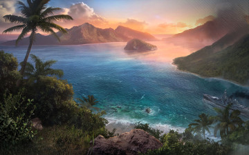 обоя видео игры, world of warships, горы, море, корабль, залив, джунгли