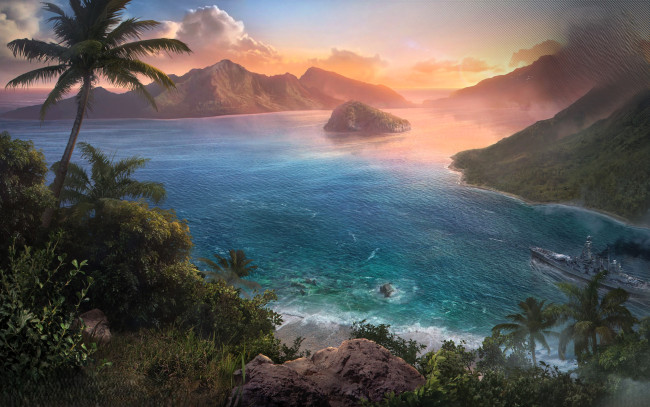 Обои картинки фото видео игры, world of warships, горы, море, корабль, залив, джунгли