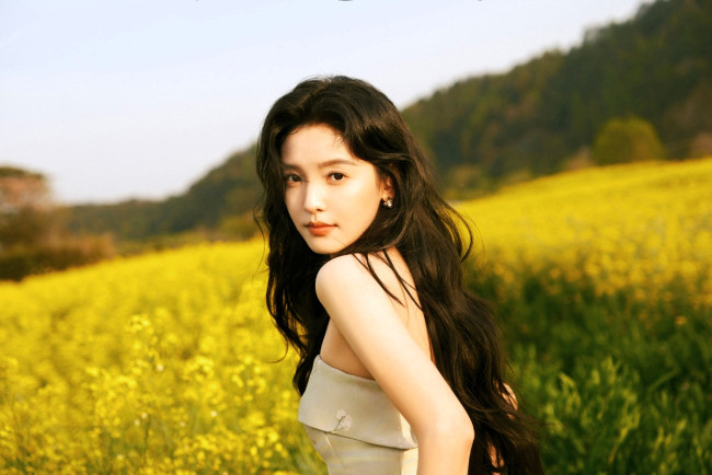 Обои картинки фото девушки, zhang ruo nan, шатенка, платье, роща, поле, цветы