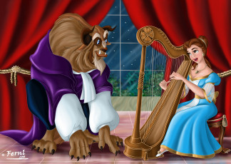 обоя мультфильмы, beauty, and, the, beast, арфа, девушка