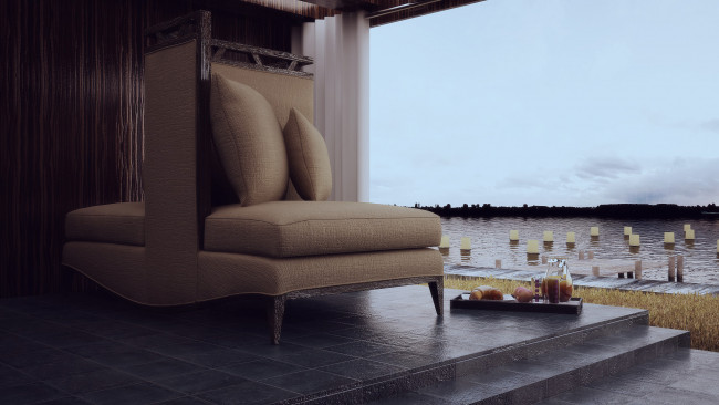 Обои картинки фото 3д, графика, realism, реализм, кресло, озеро