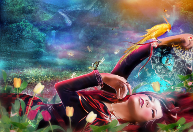 Обои картинки фото фэнтези, девушки, птичка, девушка