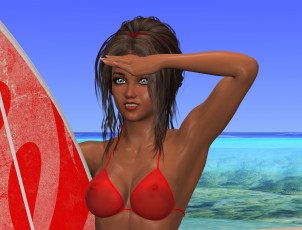 обоя 3д графика, люди , people, девушка, серфинг, доска, море, фон, взгляд