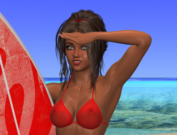 Обои картинки фото 3д графика, люди , people, девушка, серфинг, доска, море, фон, взгляд