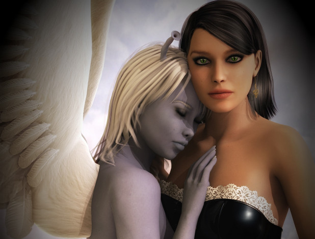 Обои картинки фото 3д графика, существа , creatures, девушки, взгляд, фон