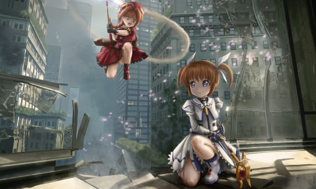 Обои картинки фото аниме, mahou shoujo lyrical nanoha, mahou, shoujo, lyrical, nanoha, the, movie, 2nd, as, город, арт, vita, девочки, novcel, takamachi
