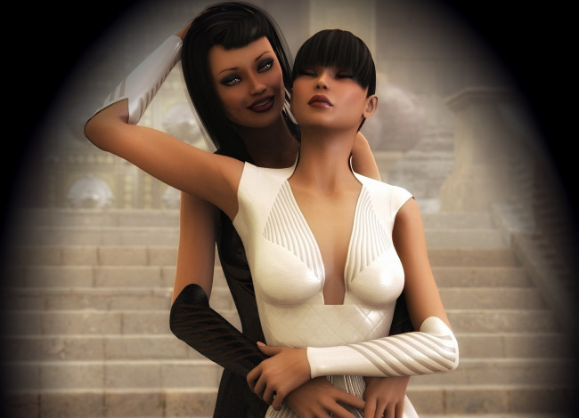 Обои картинки фото 3д графика, люди , people, улыбка, фон, взгляд, девушки