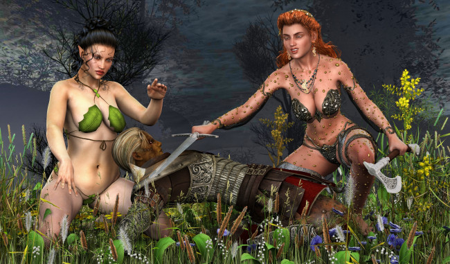 Обои картинки фото 3д графика, эльфы , elves, мужчина, оружие, фон, взгляд, эльфийки