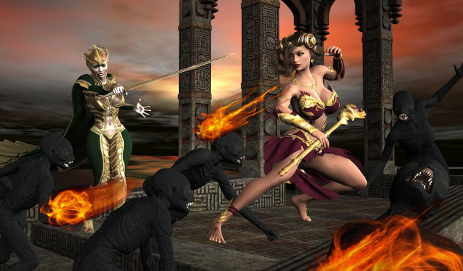 Обои картинки фото 3д графика, фантазия , fantasy, существа, оружие, фон, взгляд, девушки