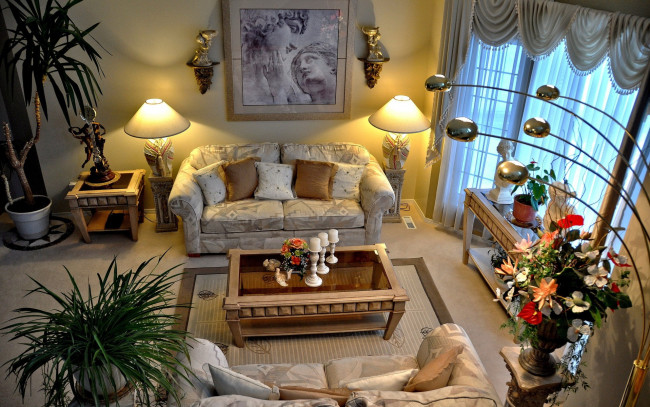 Обои картинки фото интерьер, гостиная, диваны, светильники, картина