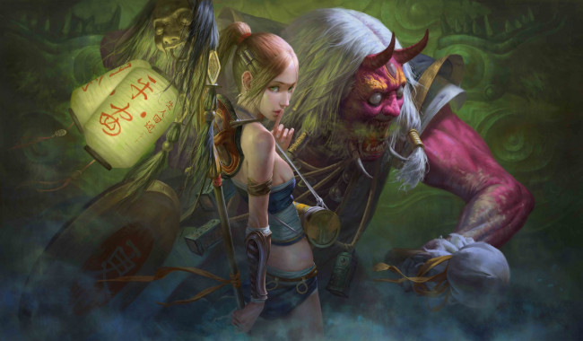 Обои картинки фото фэнтези, красавицы и чудовища, looking, at, viewer, girl, demons