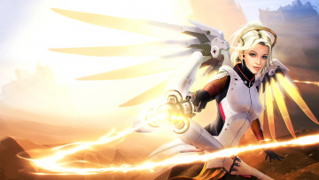Картинка видео+игры overwatch девушка фон взгляд униформа крылья