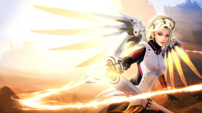 Обои картинки фото видео игры, overwatch, девушка, фон, взгляд, униформа, крылья