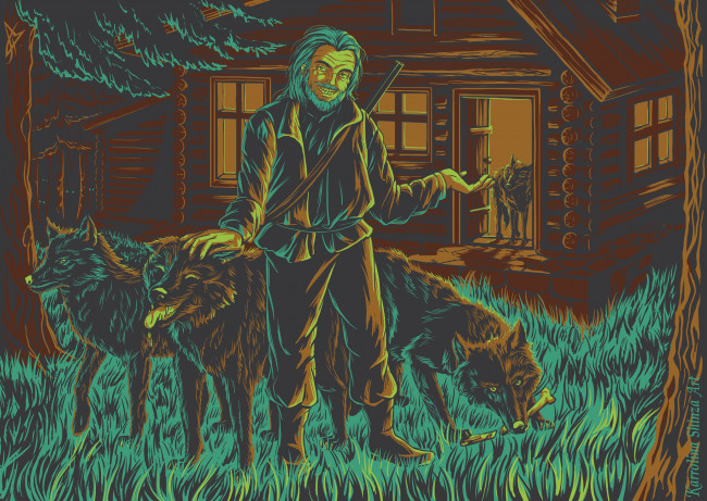 Обои картинки фото рисованное, люди, лесник, дом, волки