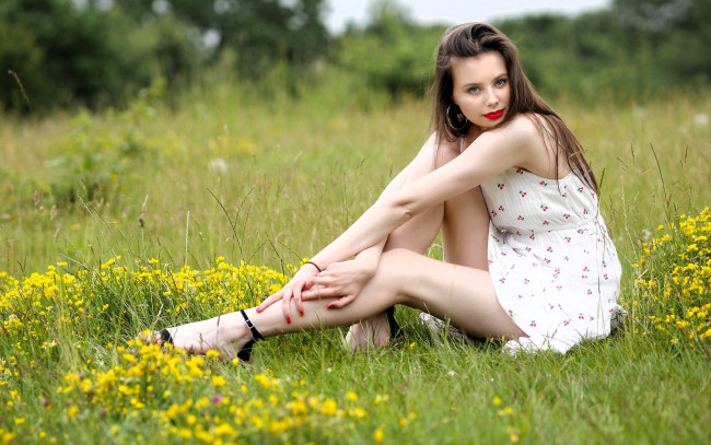 Обои картинки фото девушки, - брюнетки,  шатенки, шатенка, платье, луг