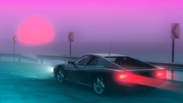 Картинка ferrari+testarossa автомобили 3д светлый дорога туман рассвет