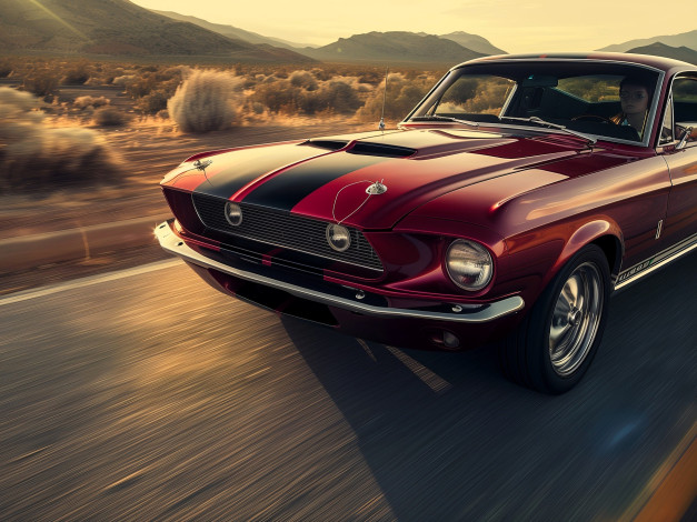 Обои картинки фото ford mustang, автомобили, фрагменты автомобиля, красный, скорость, дорога, кусты, горы