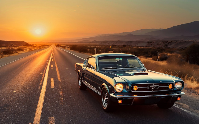 Обои картинки фото ford mustang, автомобили, 3д, синий, дорога, закат